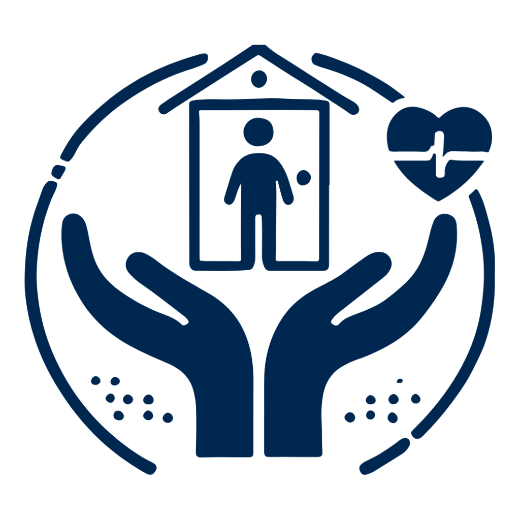 Icoon van handen die een woning en persoon ondersteunen als symbool voor gezinsvriendelijke chiropractische zorg