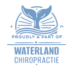 Blauw logo met walvisstaart en tekst Proudly a Part of Waterland Chiropractie