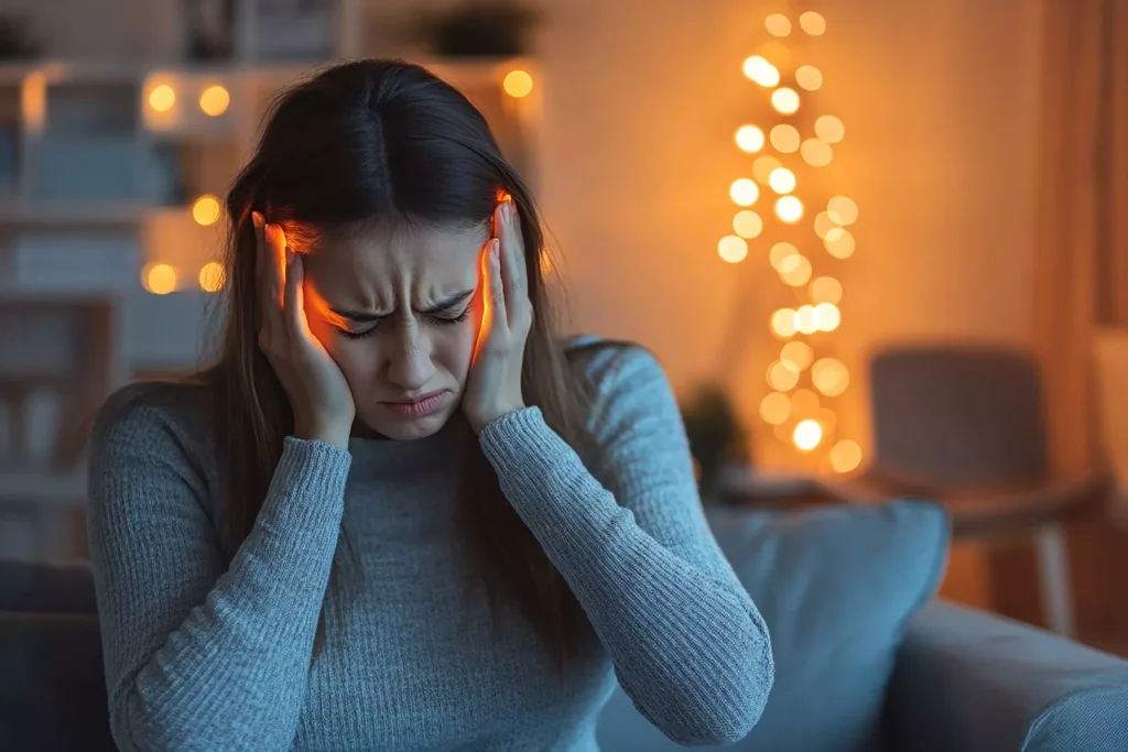 Vrouw houdt haar hoofd vast met oranje pijnoverlays op de slapen bij ernstige hoofdpijn of migraine