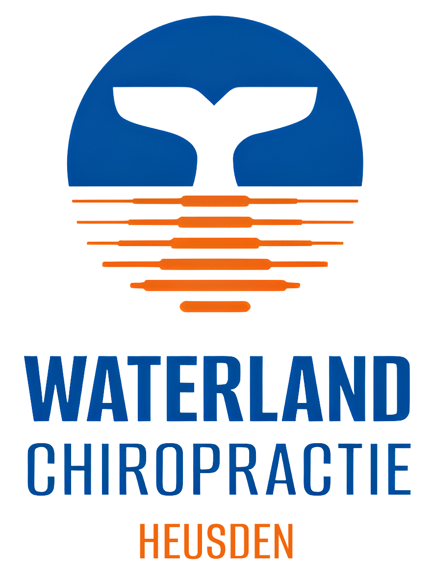 Logo van Waterland Chiropractie Heusden met walvis en praktijknaam in huisstijlkleuren
