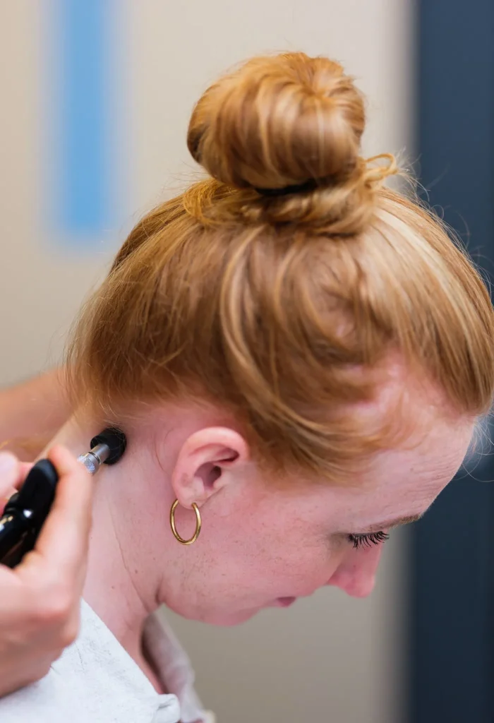 Chiropractor past een instrumentaanpassing toe op de nek van een vrouwelijke patiënt in de praktijk