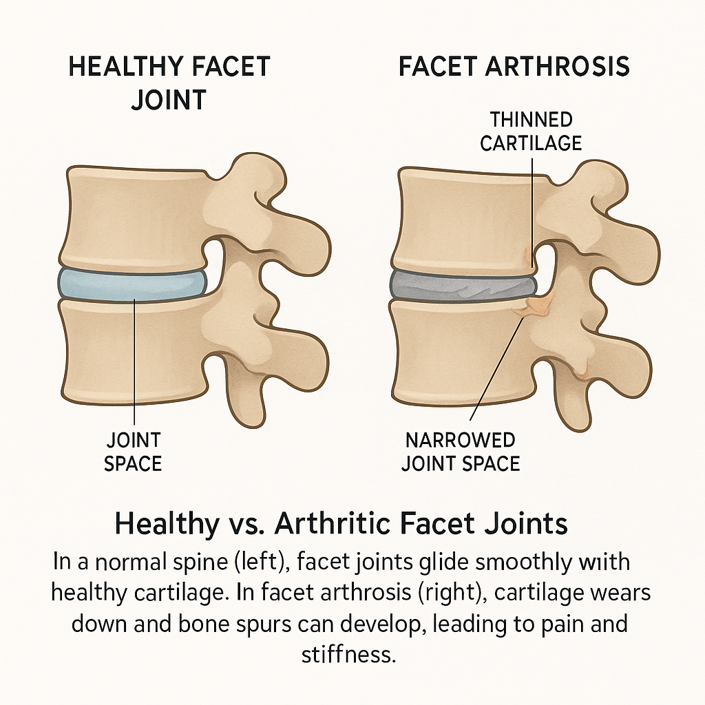 Diagram of a spine facet joint with normal smooth surfaces versus an arthritic facet joint with cartilage loss and bone spurs.