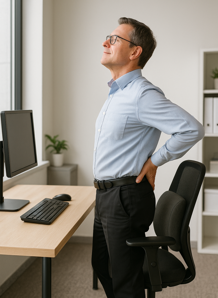 Office worker using good sitting posture with a lumbar cushion, then standing next to the desk to stretch their back.