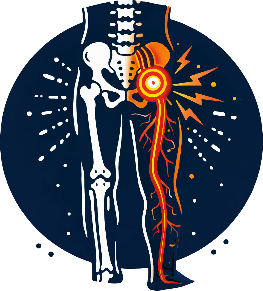 Illustration of the sciatic nerve running from the pelvis down the leg