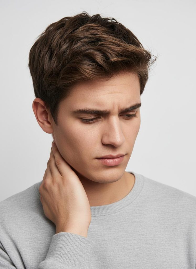 Jonge man houdt zijn nek vast vanwege pijn, een veelvoorkomende klacht die door een chiropractor behandeld wordt