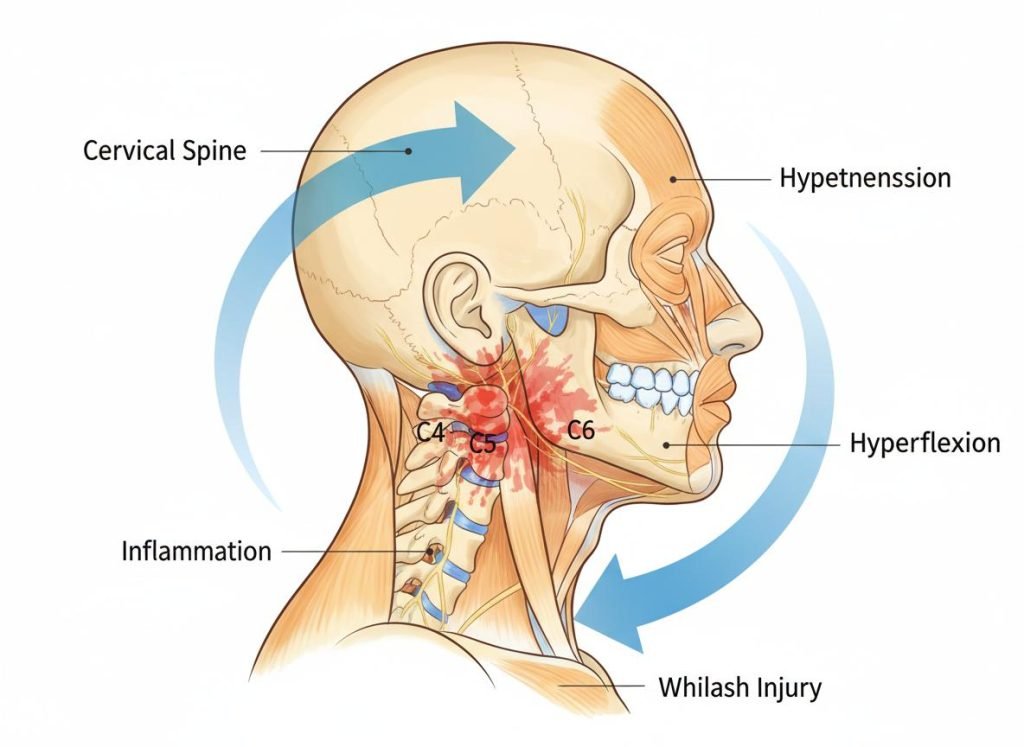 Anatomische illustratie van whiplash letsel met hyperflexie en hyperextensie van de cervicale wervelkolom bij C4-C6