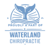 Blauw logo met walvisstaart en tekst Proudly a Part of Waterland Chiropractie